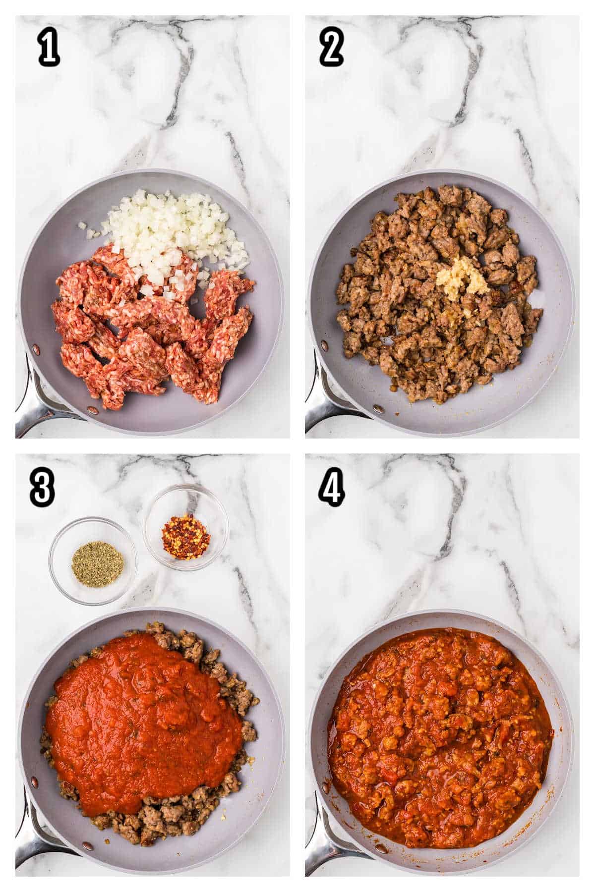 A collage features the first four steps to creating the ravioli casserole made with Marinara sauce.