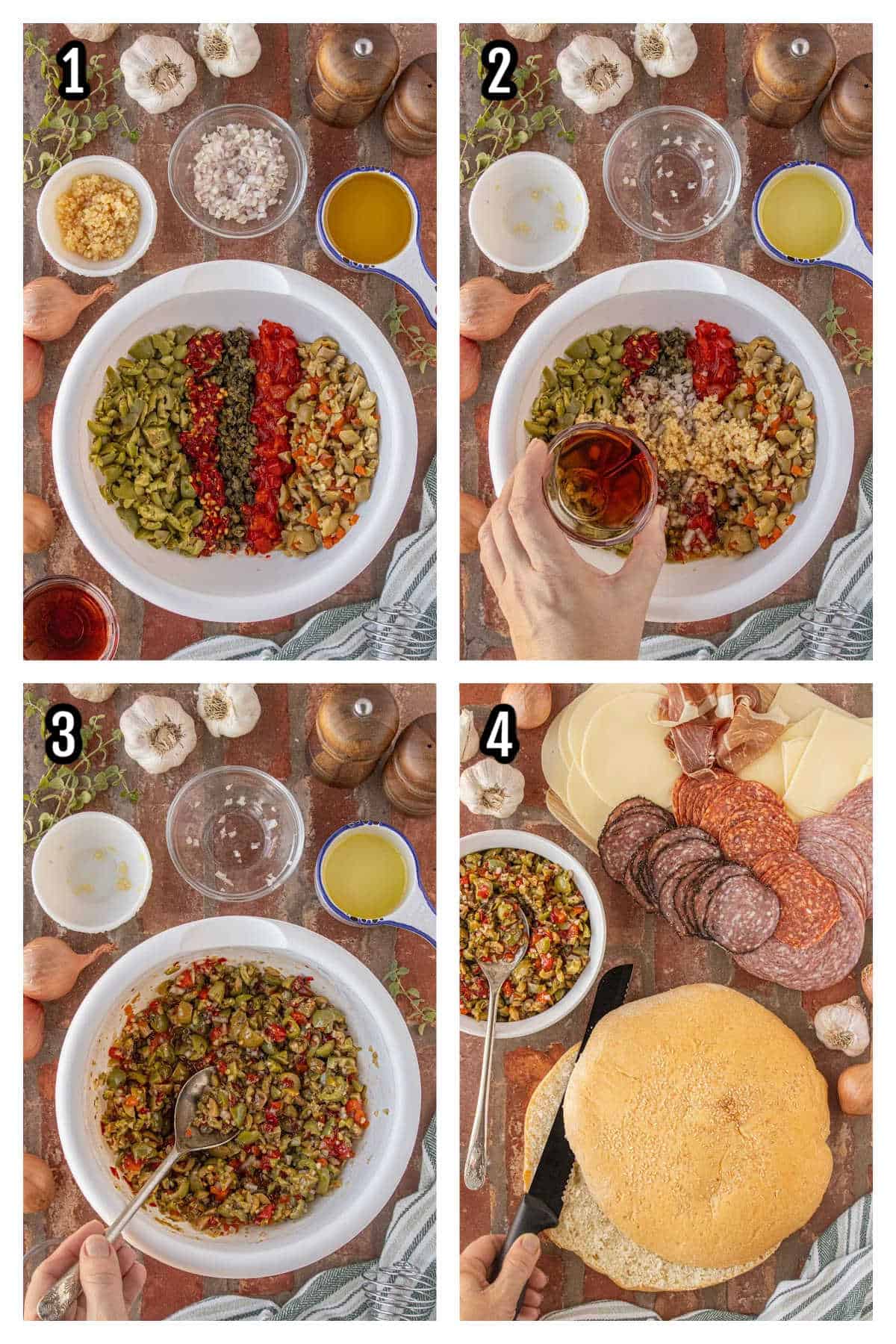 First four steps to making the Muffuletta sandwich which includes making the olive salad first.
