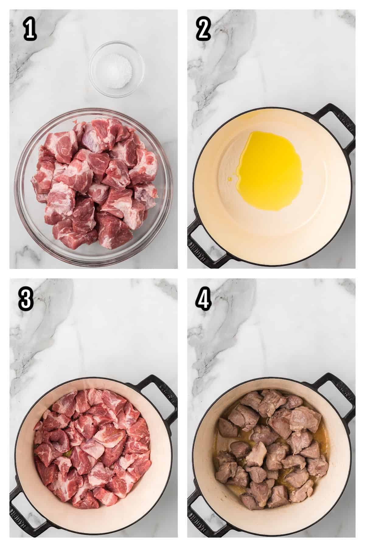 Collage featuring the first four steps to making the pork shoulder bolognese recipe.