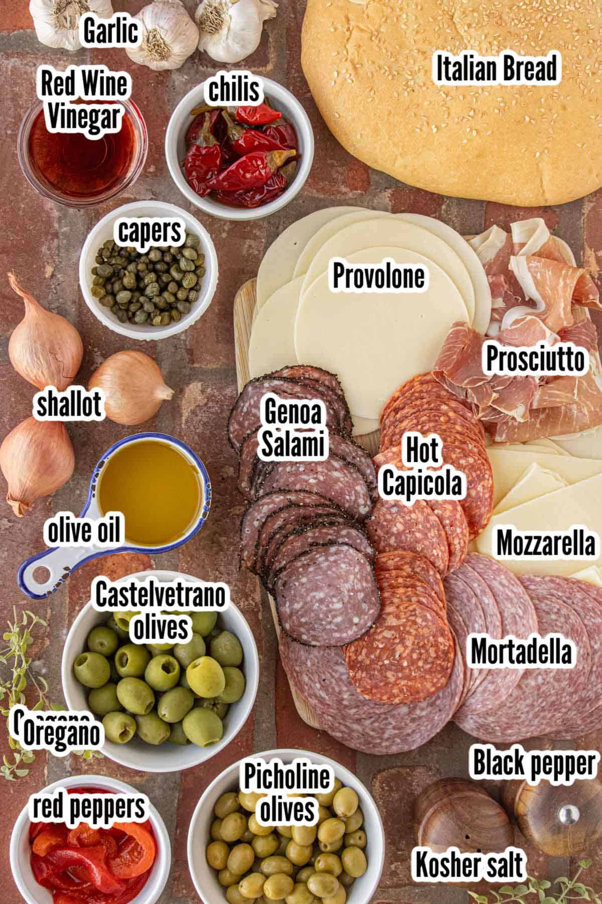 Image of the ingredients needed to make the classic New Orleans Muffuletta sandwich.