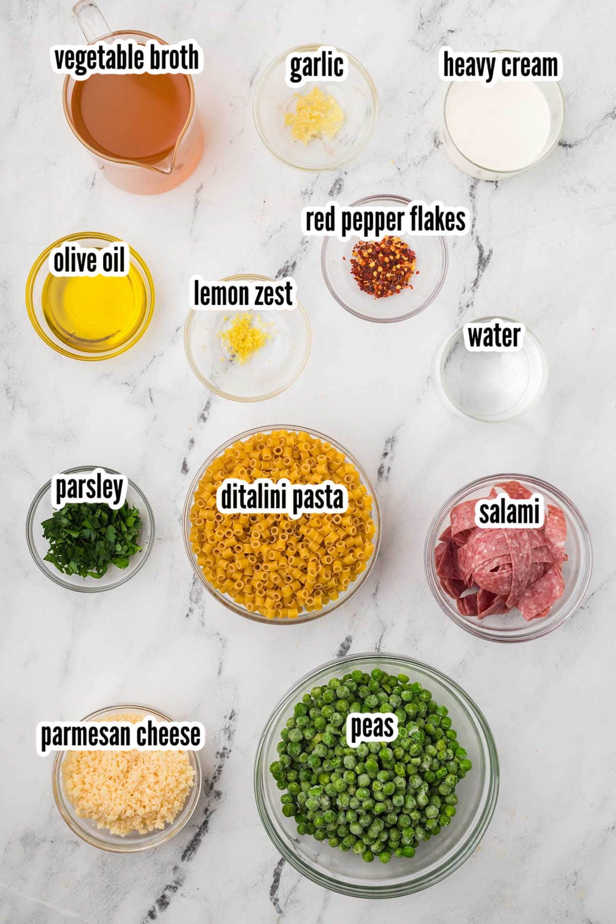 Photo of the ingredients needed to make the Ditalini and Peas one-pot Italian dish.