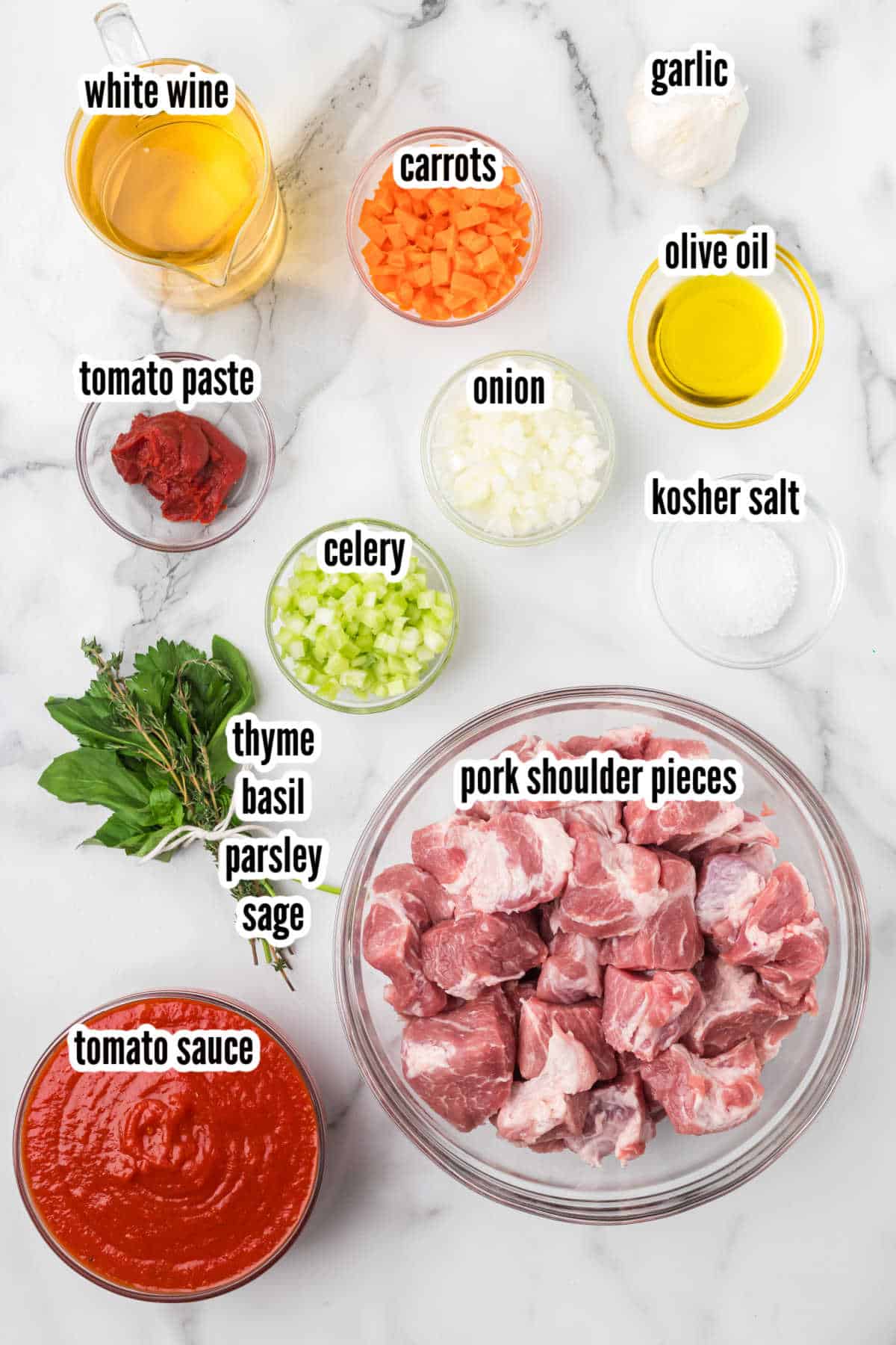 Image of the ingredients needed to make the braised pork ragù.