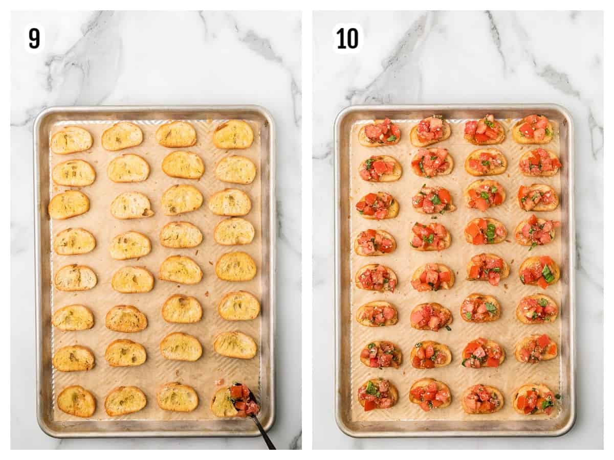 The last two steps to assembling the toasted crostini with the tomato-balsamic vinegar topping.