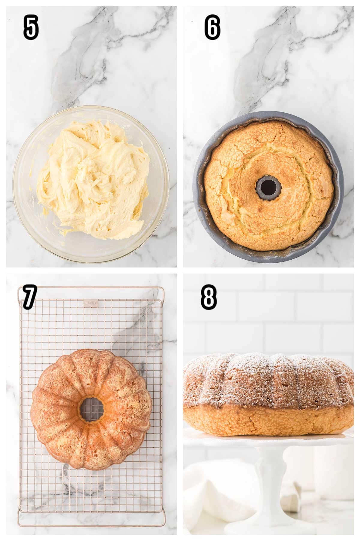 Steps five through eight to complete the Homemade Cream Cheese Pound Cake.
