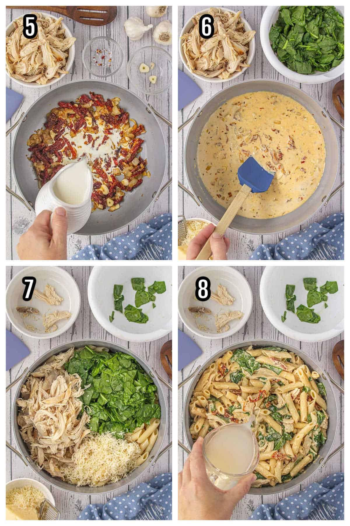 Collage of the last four steps to making the Spinach and sun-dried rotisserie chicken penne pasta.