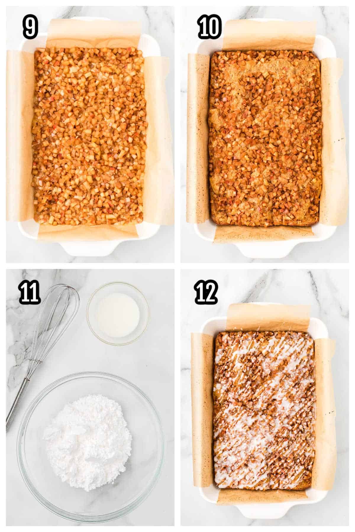 Image of steps nine through twelve for the easy apple cake dessert made with yellow cake mix.