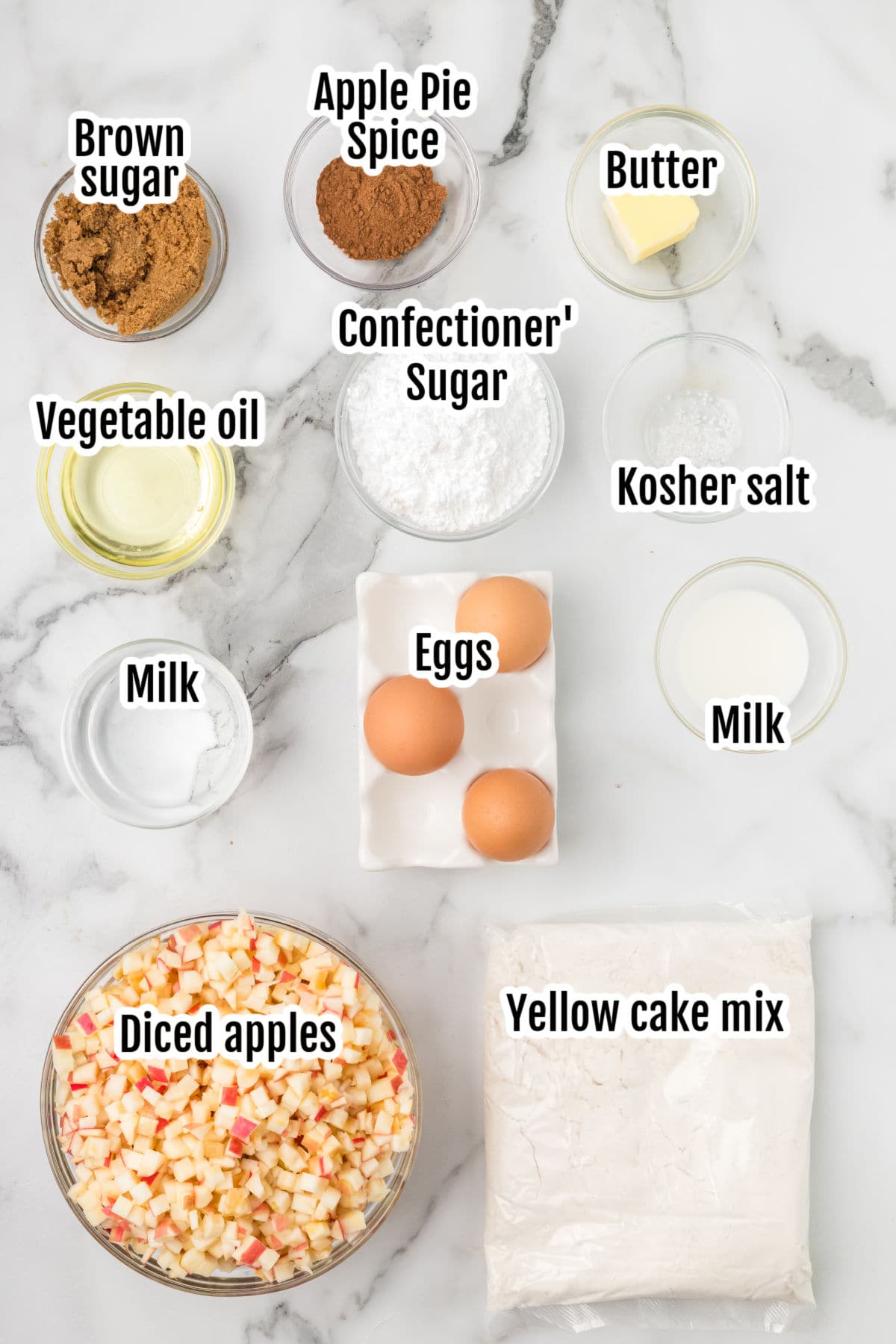 Image of the ingredients needed to make the homemade apple cake with powdered sugar glaze.