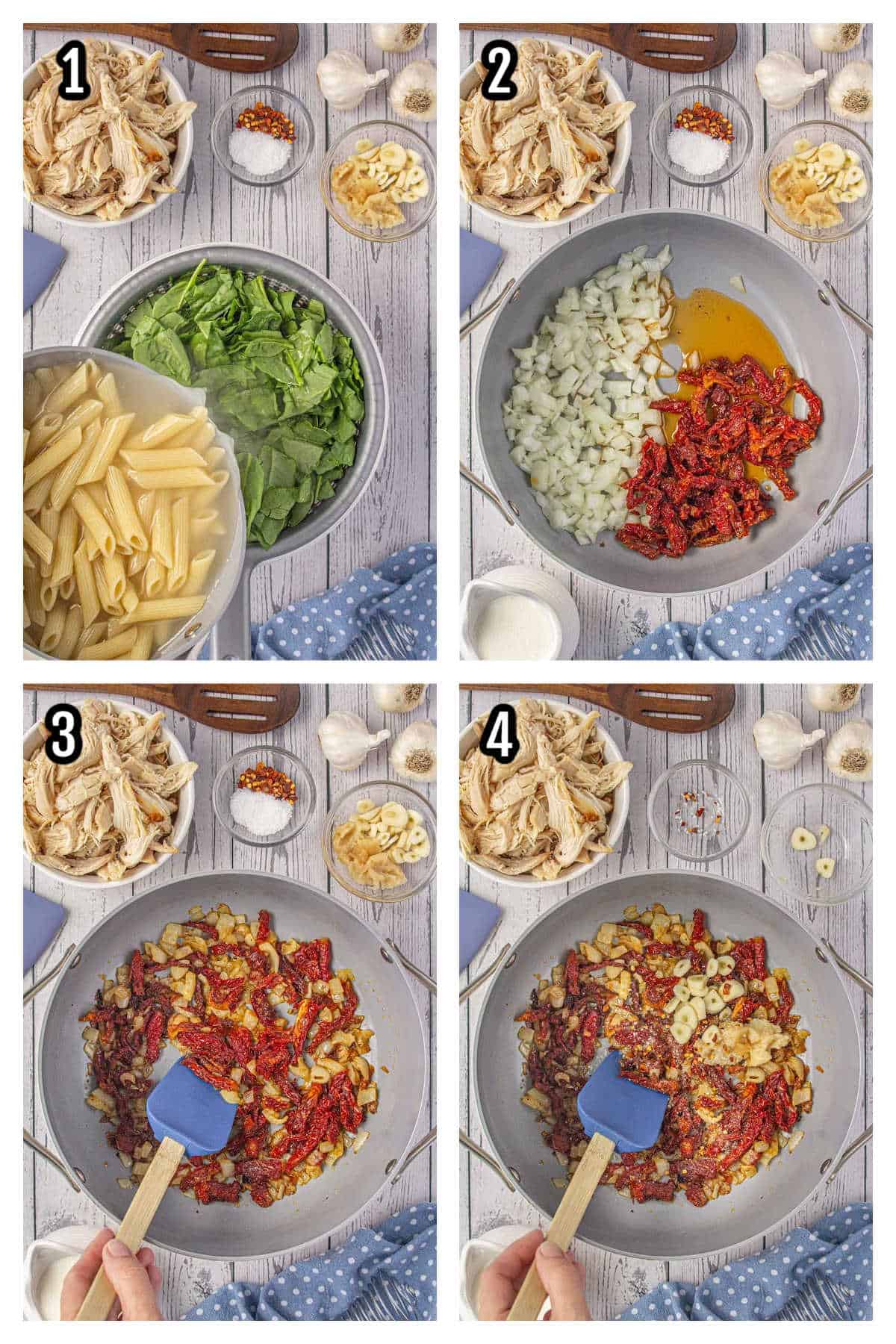 The first four steps to making the Spinach pasta with chicken and sun-dried tomatoes.