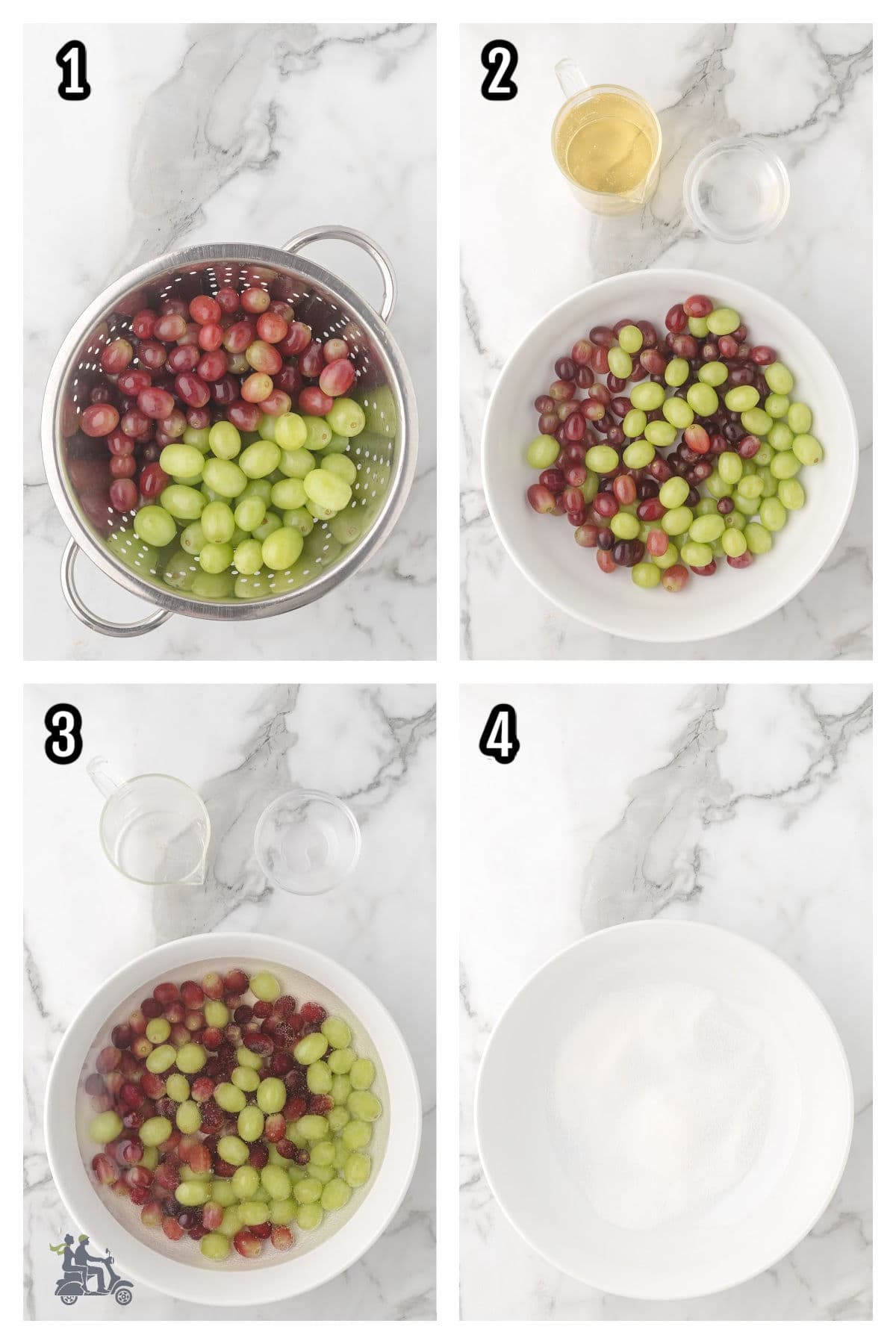 The first four steps to making the Macerated grapes in prosecco and vodka, and then frosted with sugar.