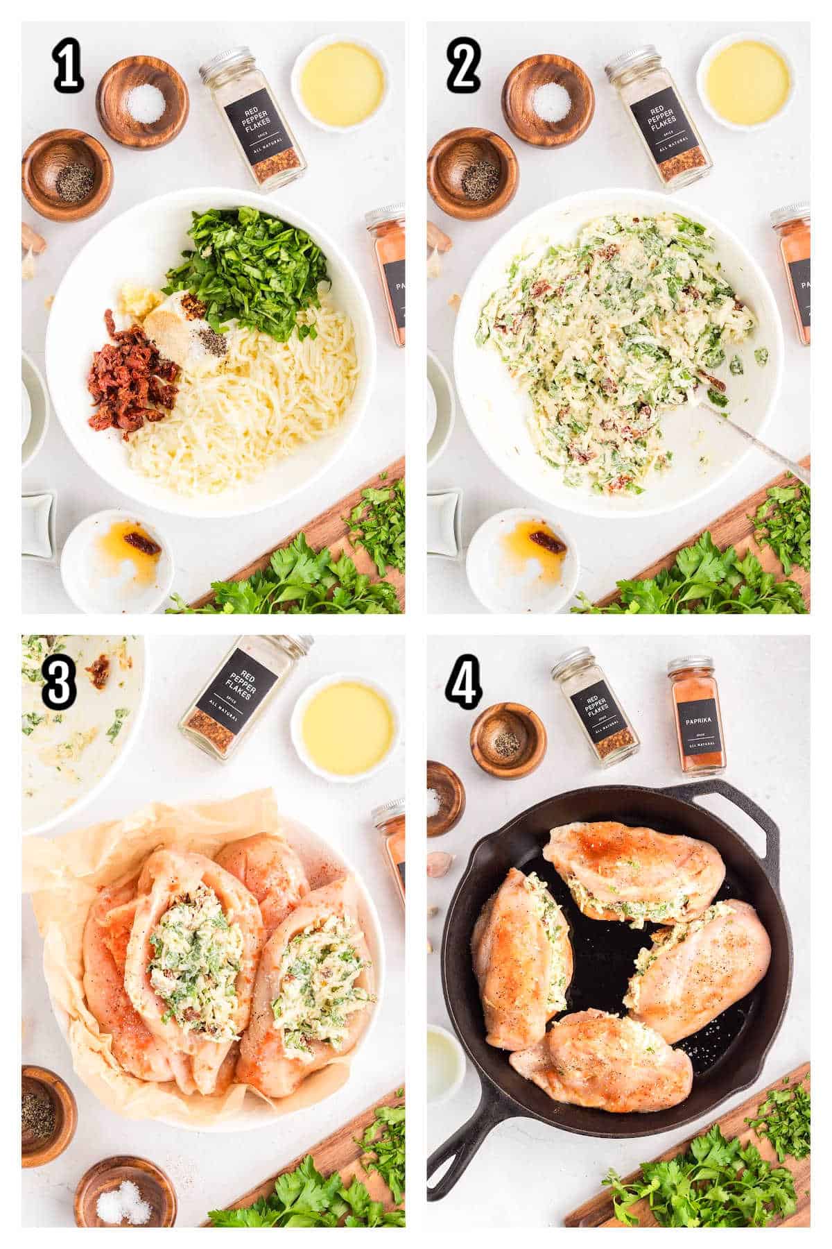 The first four steps to making the skillet stuffed chicken in less than 30 minutes.