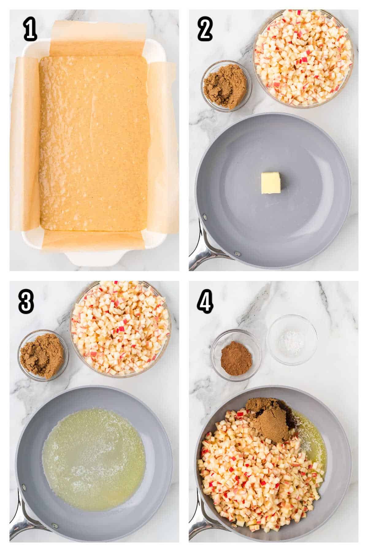 The first four steps to making the easy apple fritter dessert cake with confectioners' sugar glaze.
