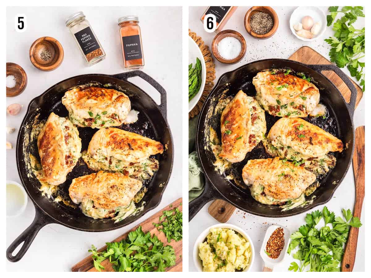 The last two steps to making the sun-dried tomato stuffed chicken in a skillet.