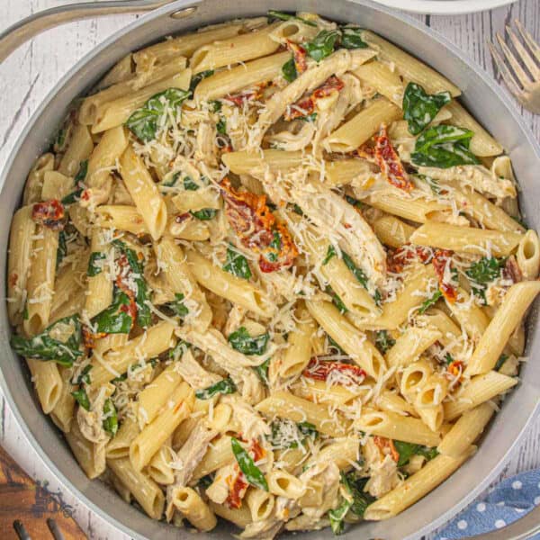 Close-up of creamy sun-dried tomato chicken pasta.