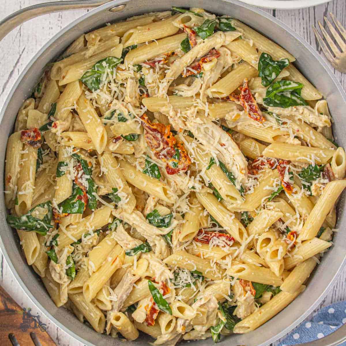 Close-up of creamy sun-dried tomato chicken pasta.