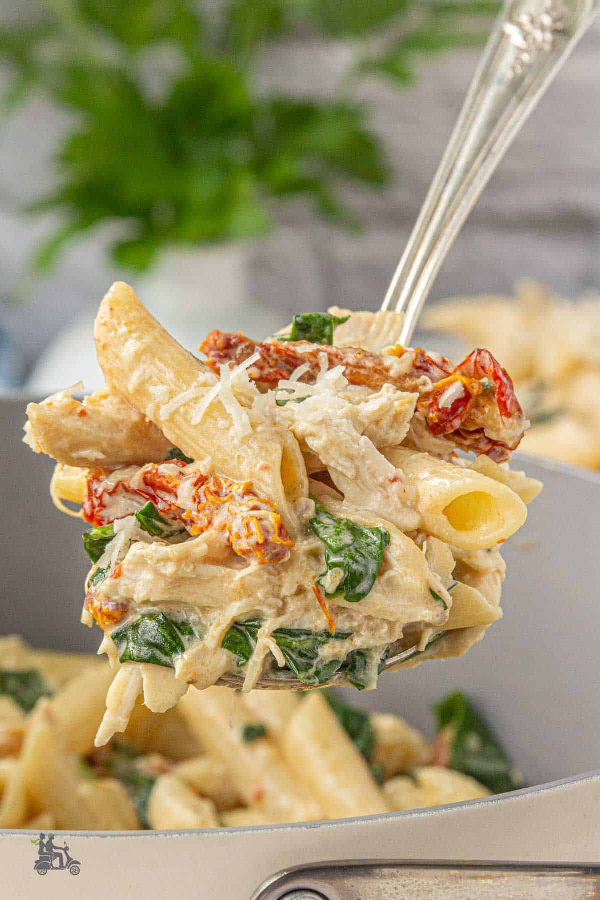 Creamy spinach and sun-dried tomato pasta with chicken on a fork.