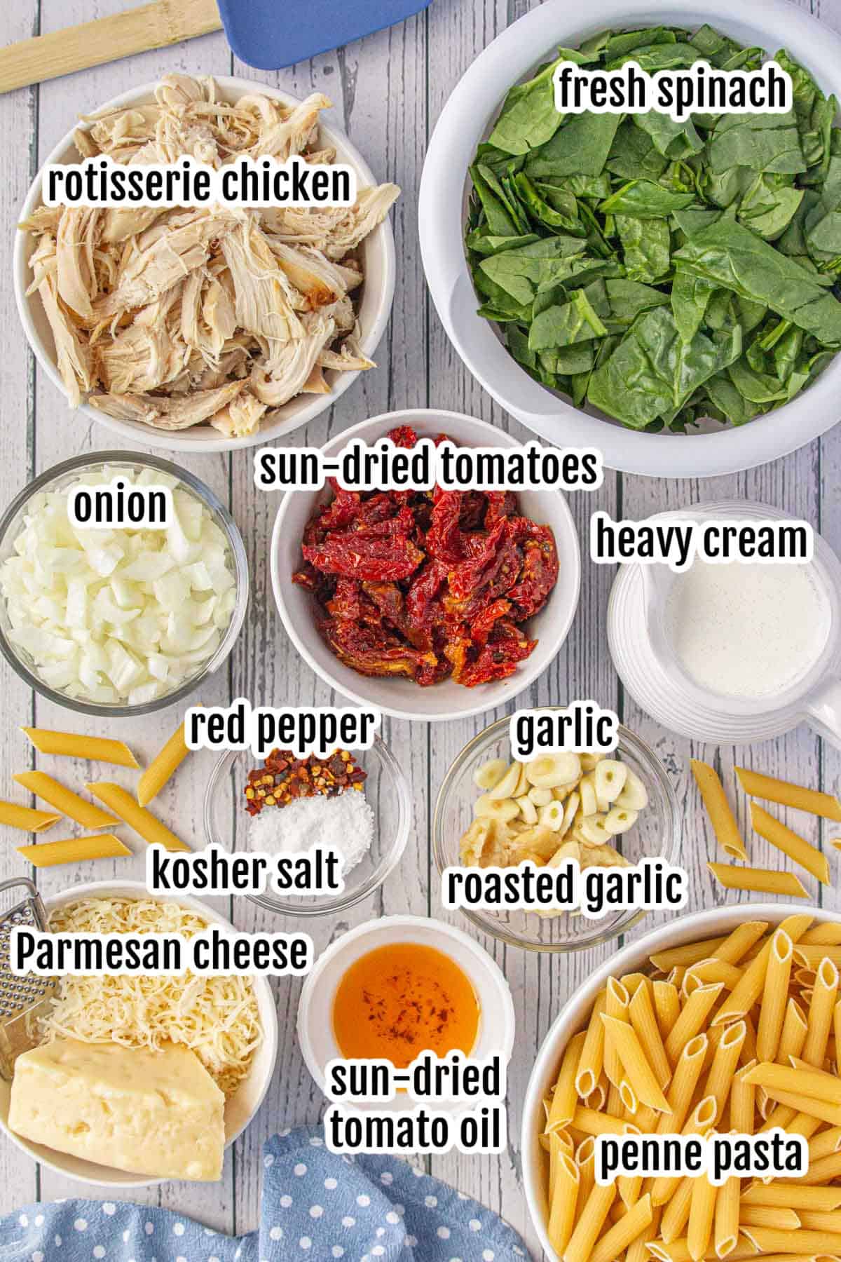 Image of the ingredients needed to make the Rotisserie chicken pasta recipe with spinach and sun-dried tomatoes.
