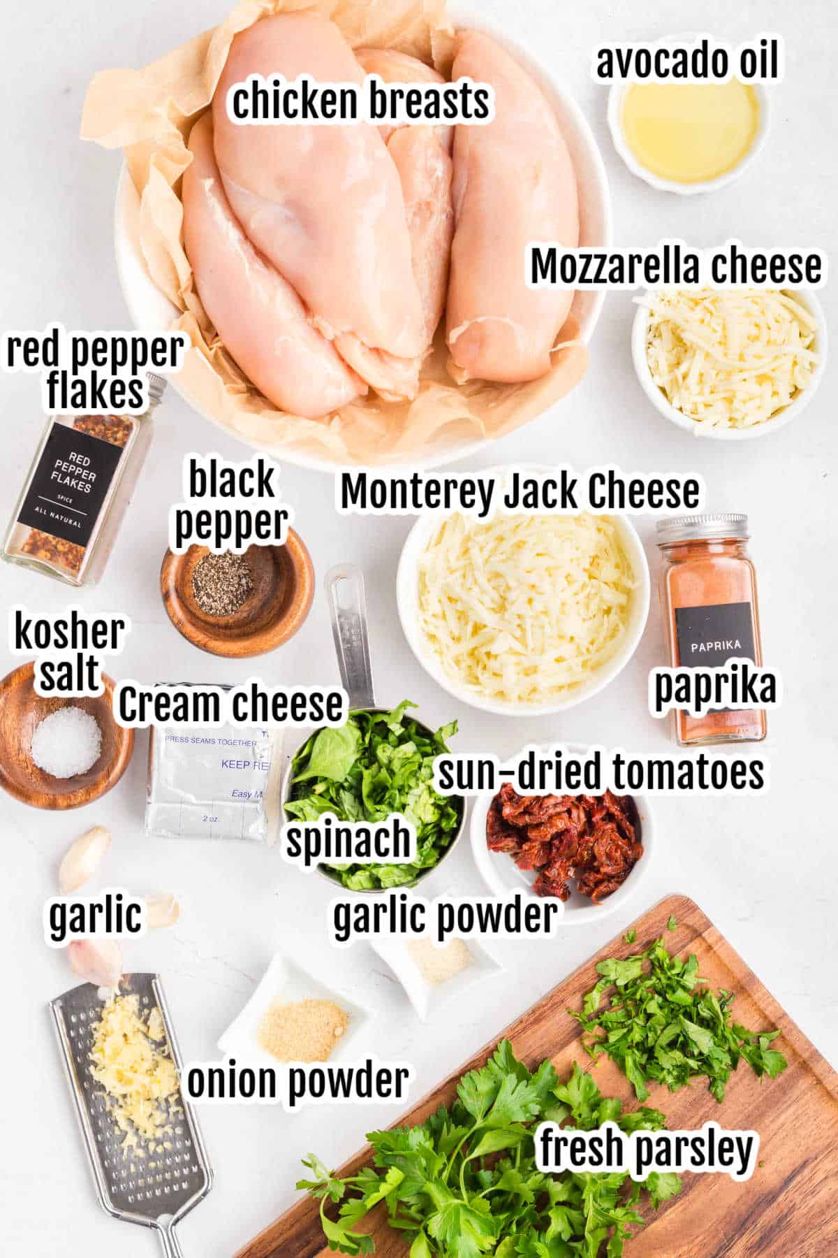 Image of the ingredients needed to make spinach cheese-stuffed chicken breast.