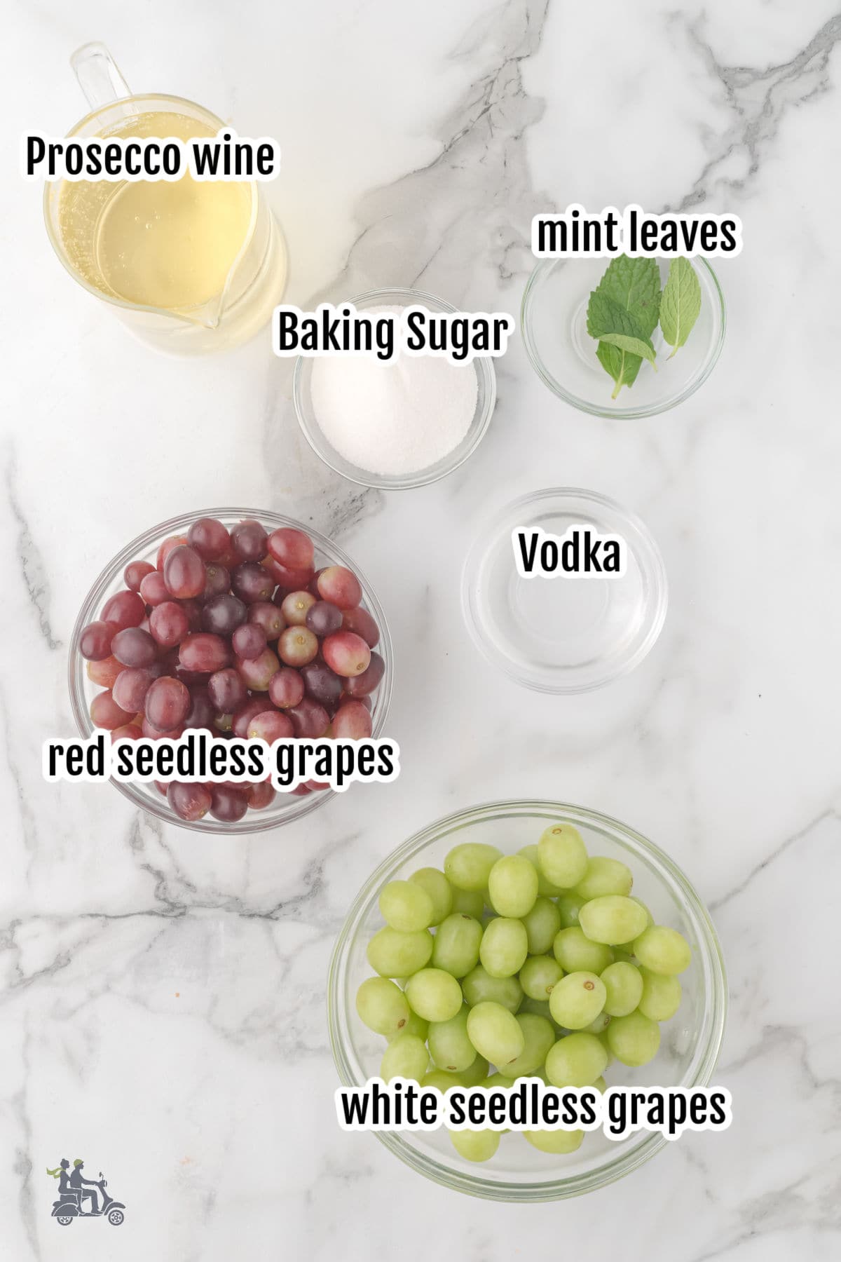 Ingredients needed to make the frosted sugared prosecco grapes.