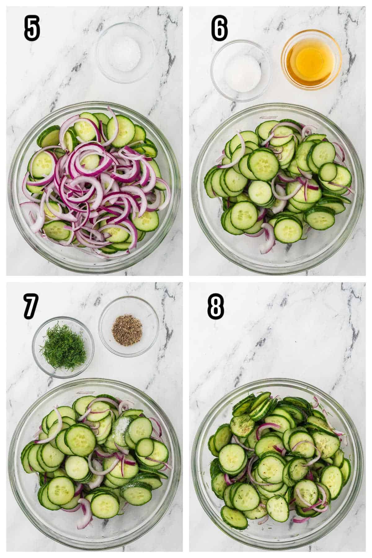 The last four steps for assembling the homemade cucumber onion salad with vinegar dressing.
