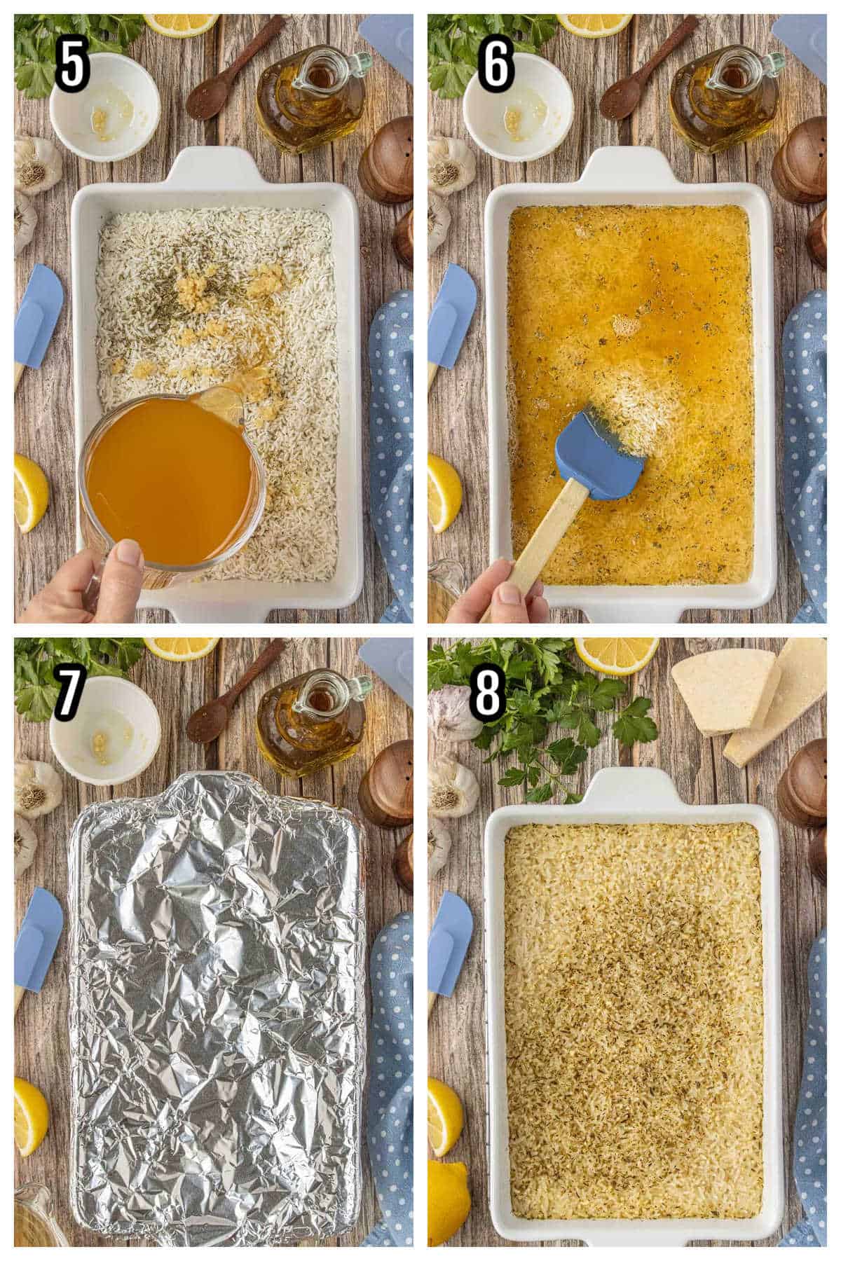 Baking dish shows how to put the rice together and how to bake the rice.