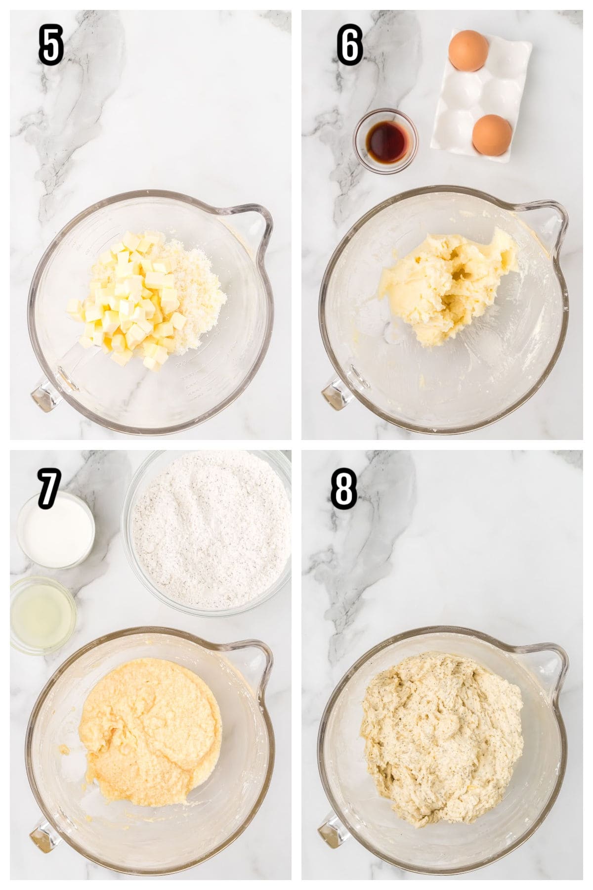 Collage of steps five through eight for the lemon poppy seed muffin recipe.