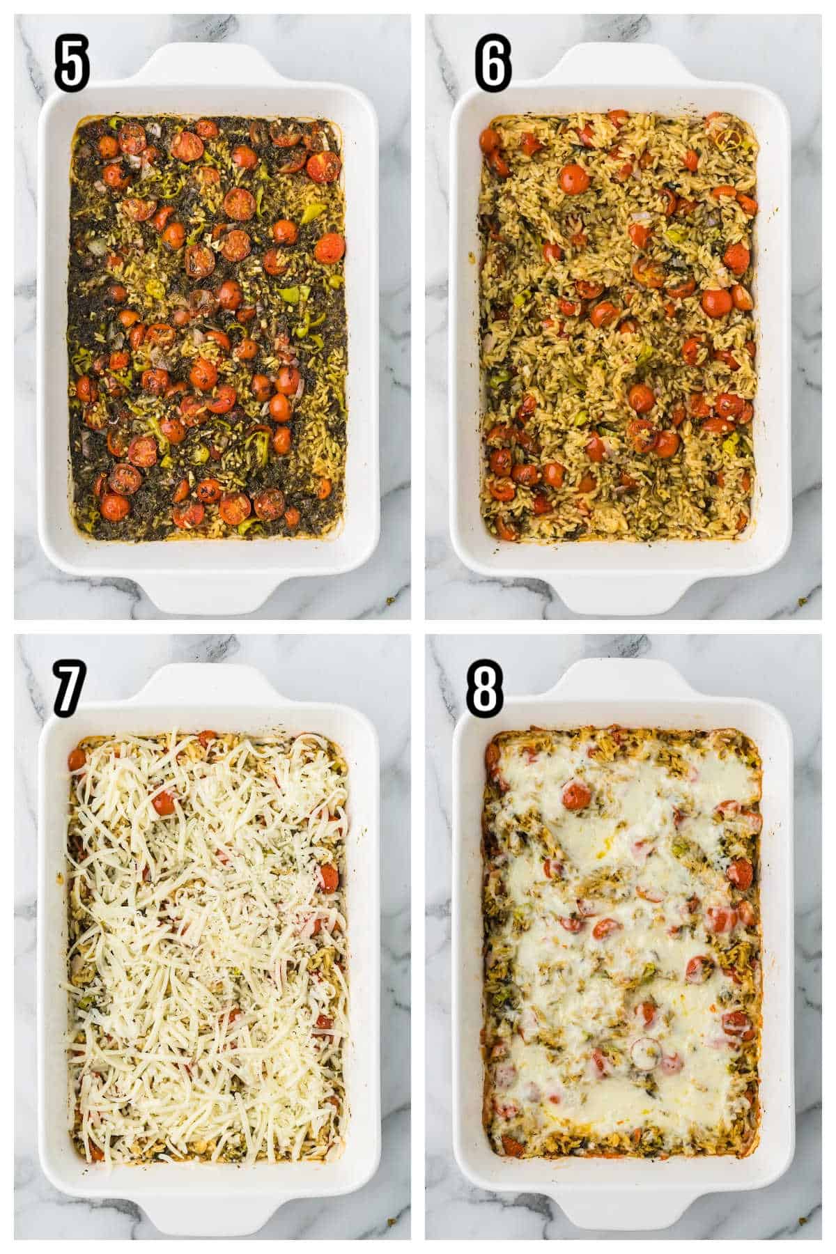 Steps five through eight to baking and finishing the tomato mozzarella orzo bake.