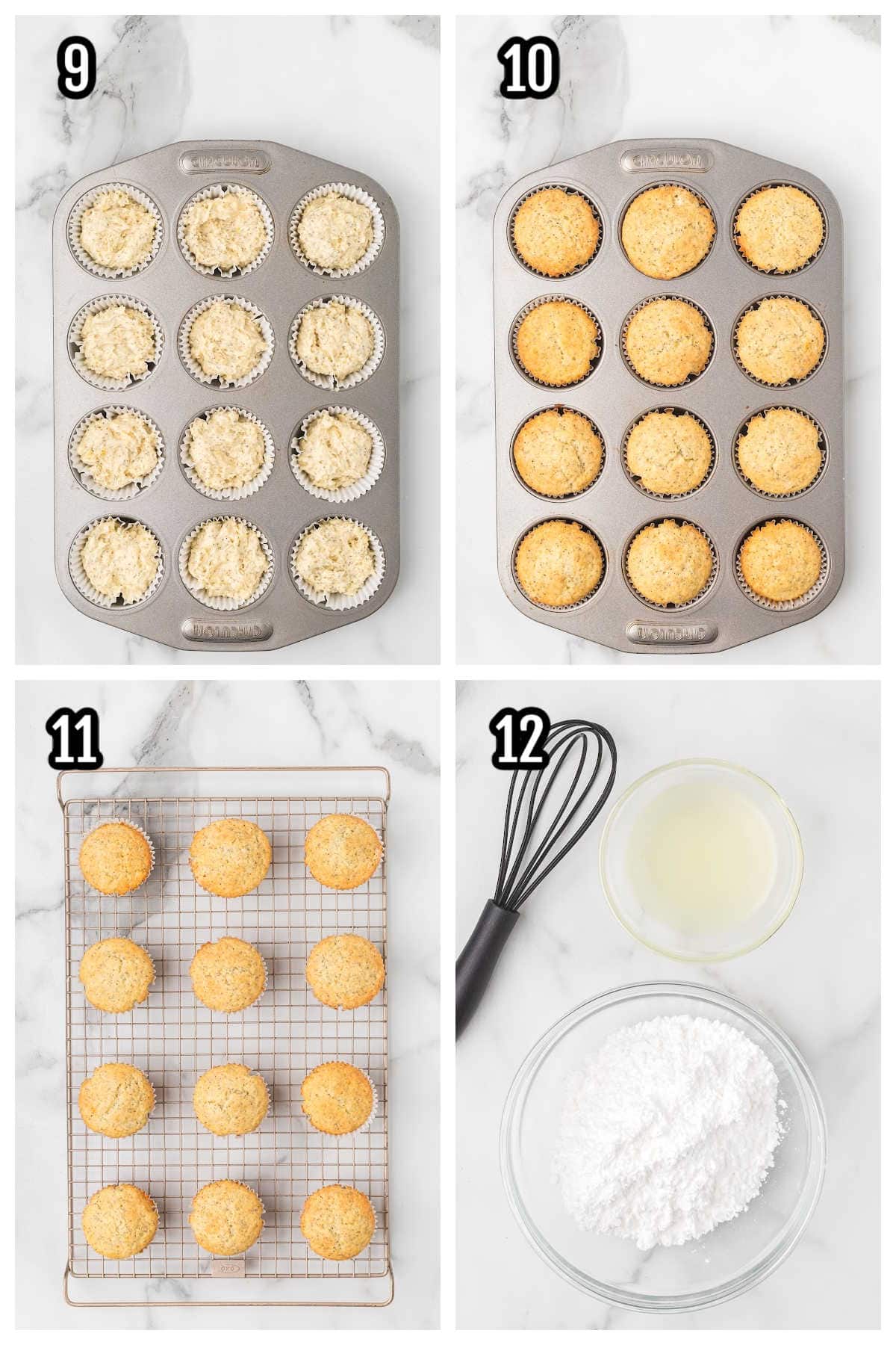 Collage features steps nine through twelve for the poppy seed with lemon muffin recipe.
