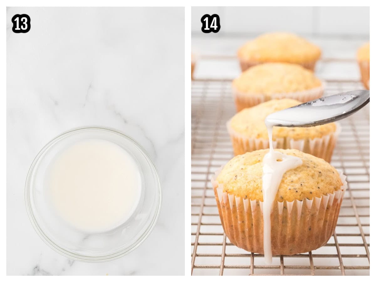 Final steps thirteen and fourteen with glazing the lemon poppy seed muffins.