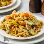 A white dinner plate heaped with the easy tomato mozzarella orzo bake.