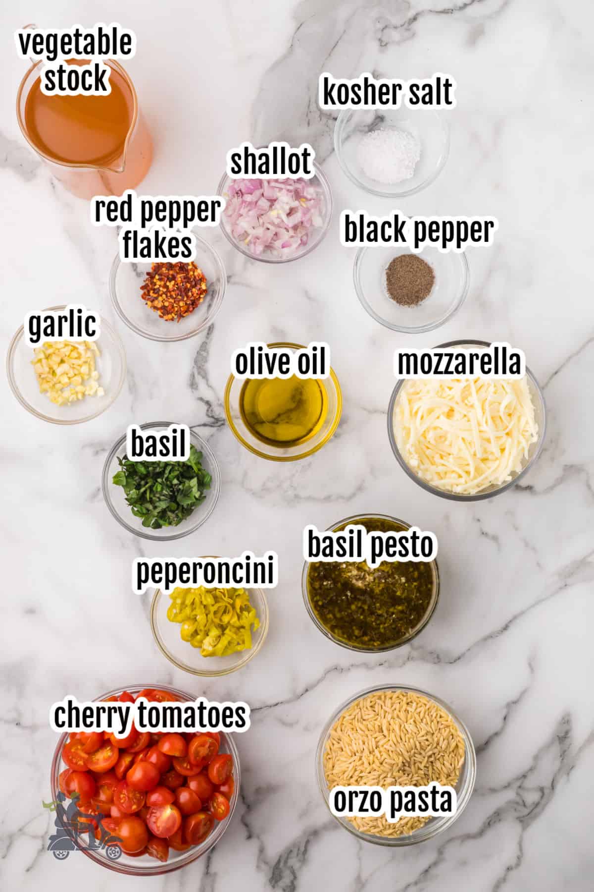 Ingredients needed to make the easy one-pan caprese pesto orzo bake recipe.