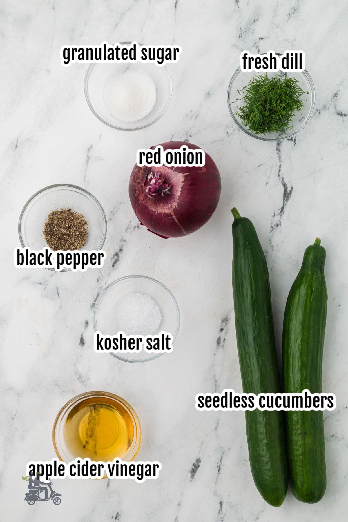 Image of the simple ingredients needed to make the easy cucumber salad.