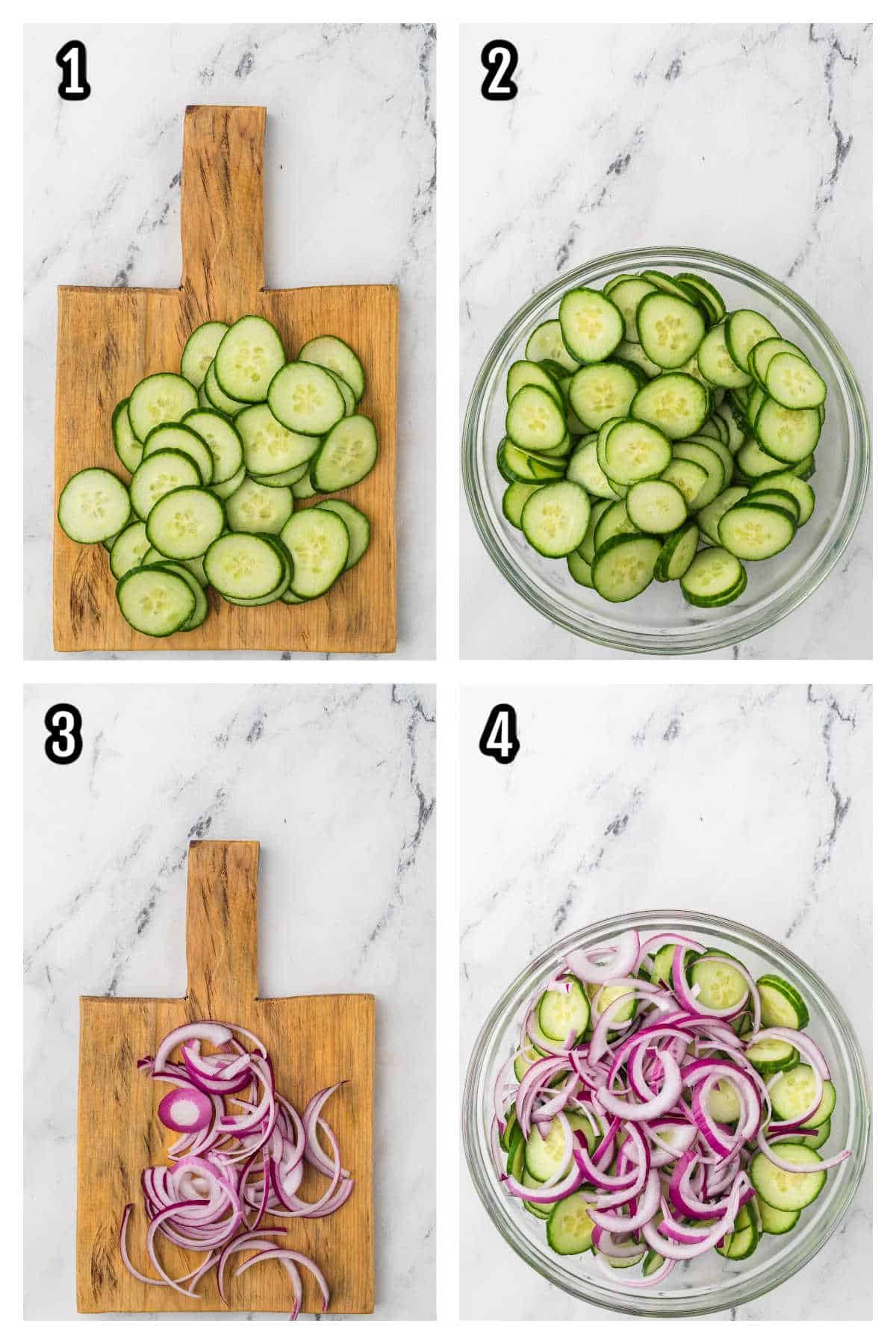 How to prepare the ingredients for the cucumber red onion salad with fresh dill and vinegar dressing.