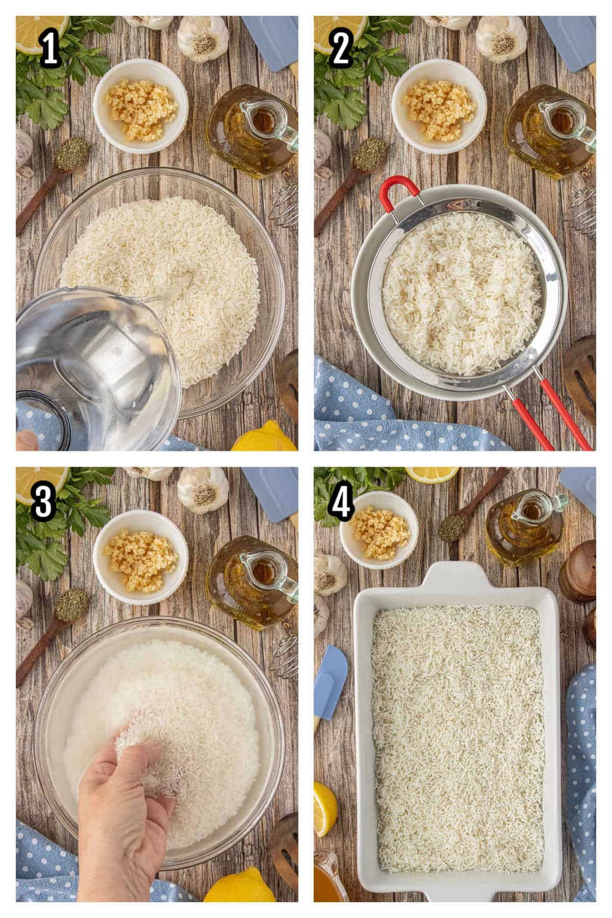 The first four steps to making the easy Italian oven-baked rice.