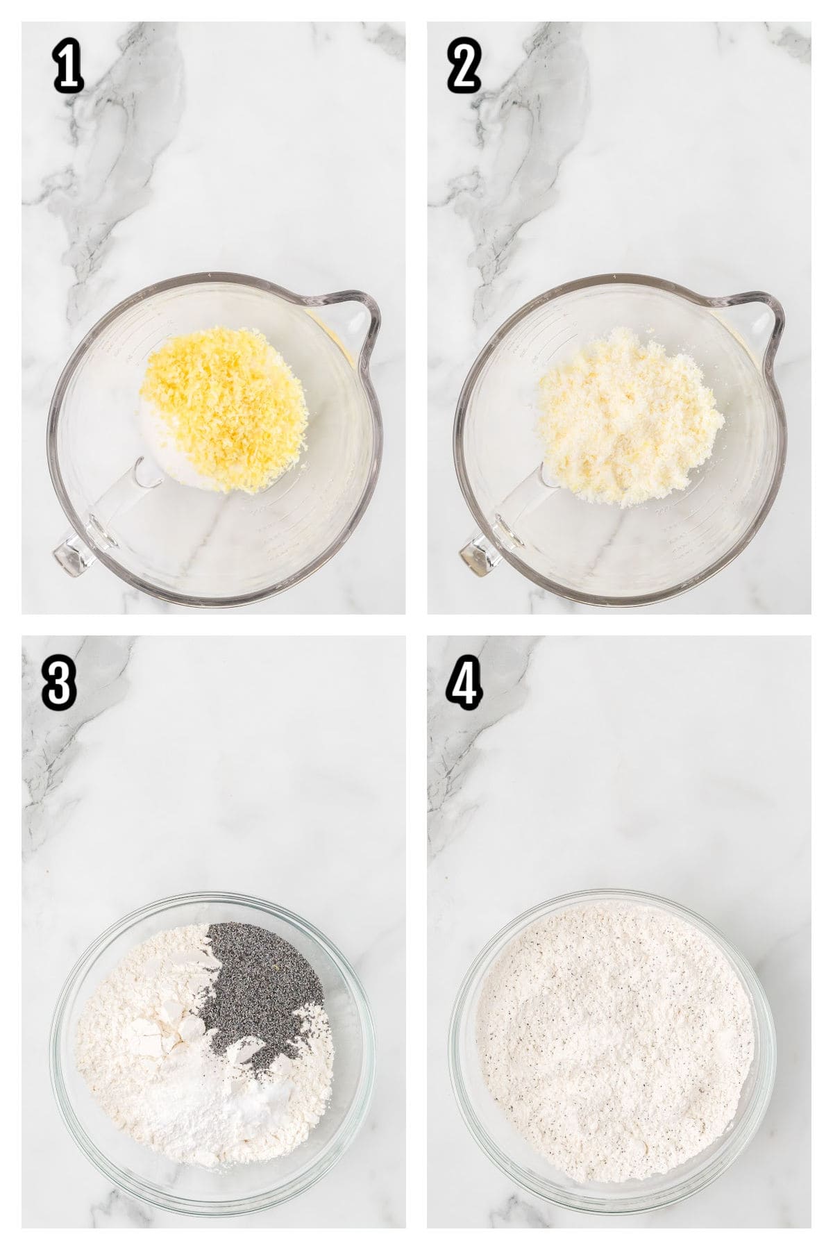 First four steps to making the Lemon Muffins recipe with poppy seeds and a lemon glaze.