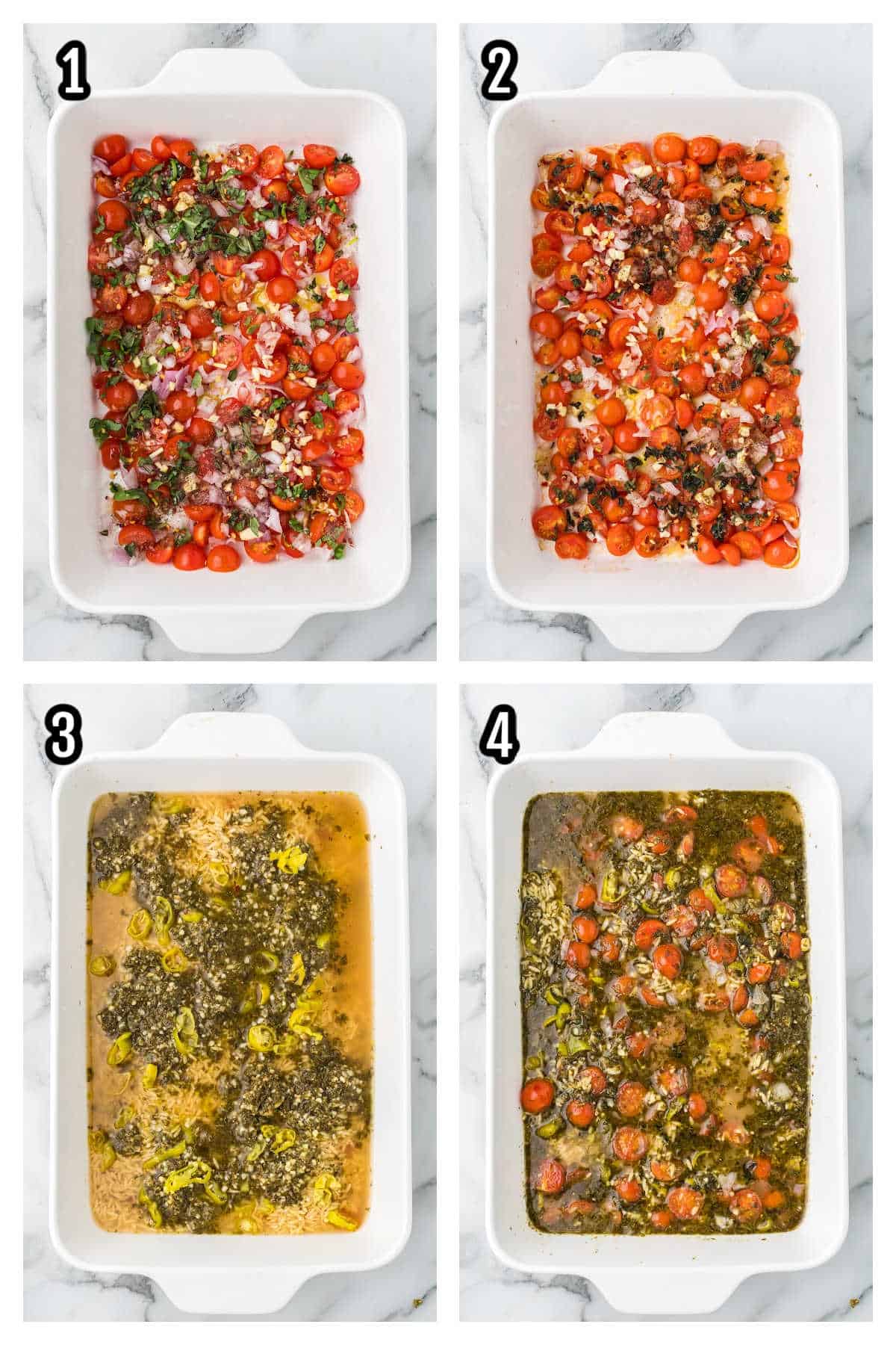The first four steps to making the easy pesto orzo recipe.