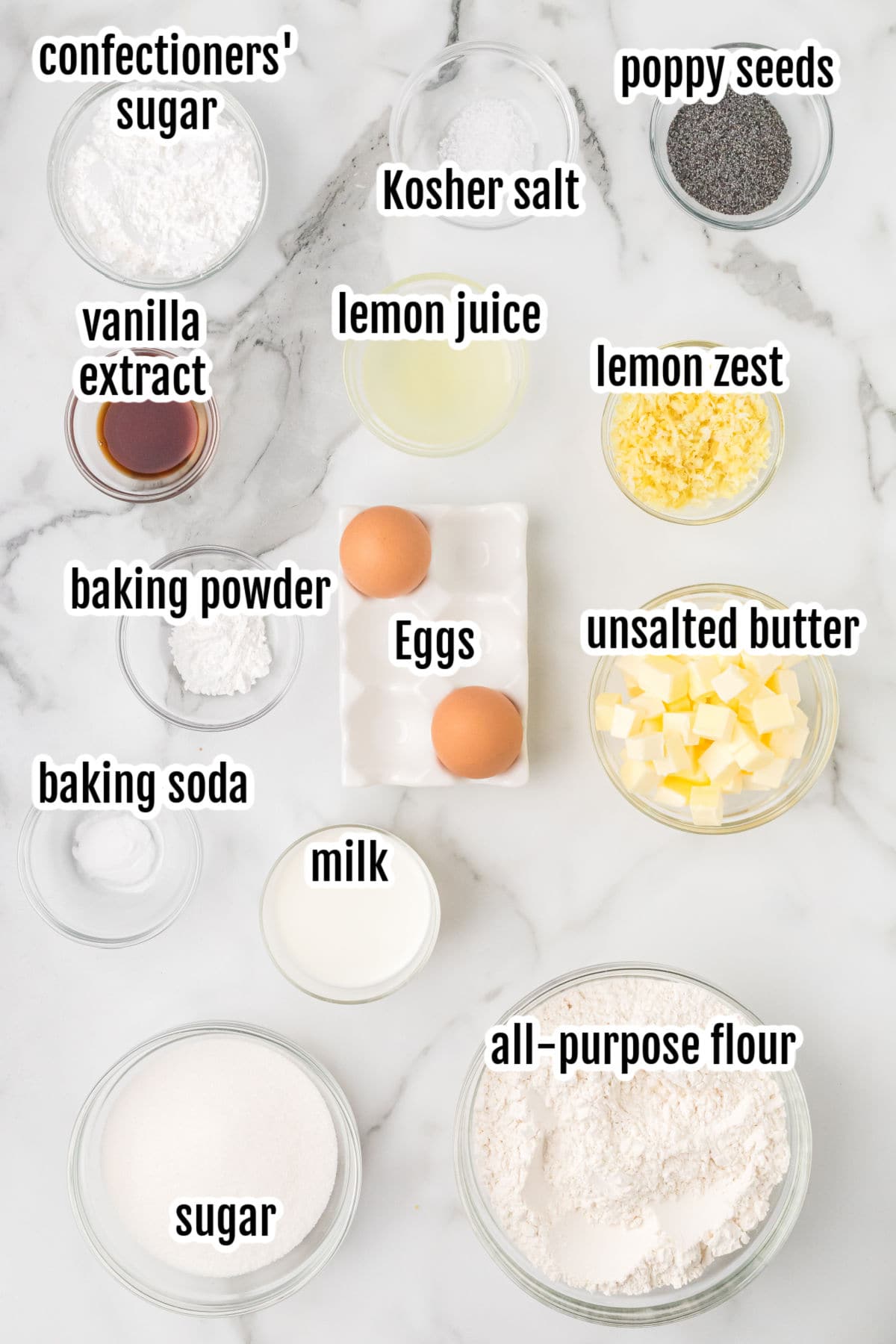 Image of the ingredients needed to make the homemade poppy seed lemon muffins with lemon glaze topping.