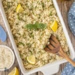 Fluffy oven-baked rice freshly cooked with garlic and Italian seasoning.