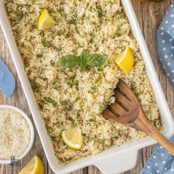 Fluffy oven-baked rice freshly cooked with garlic and Italian seasoning.