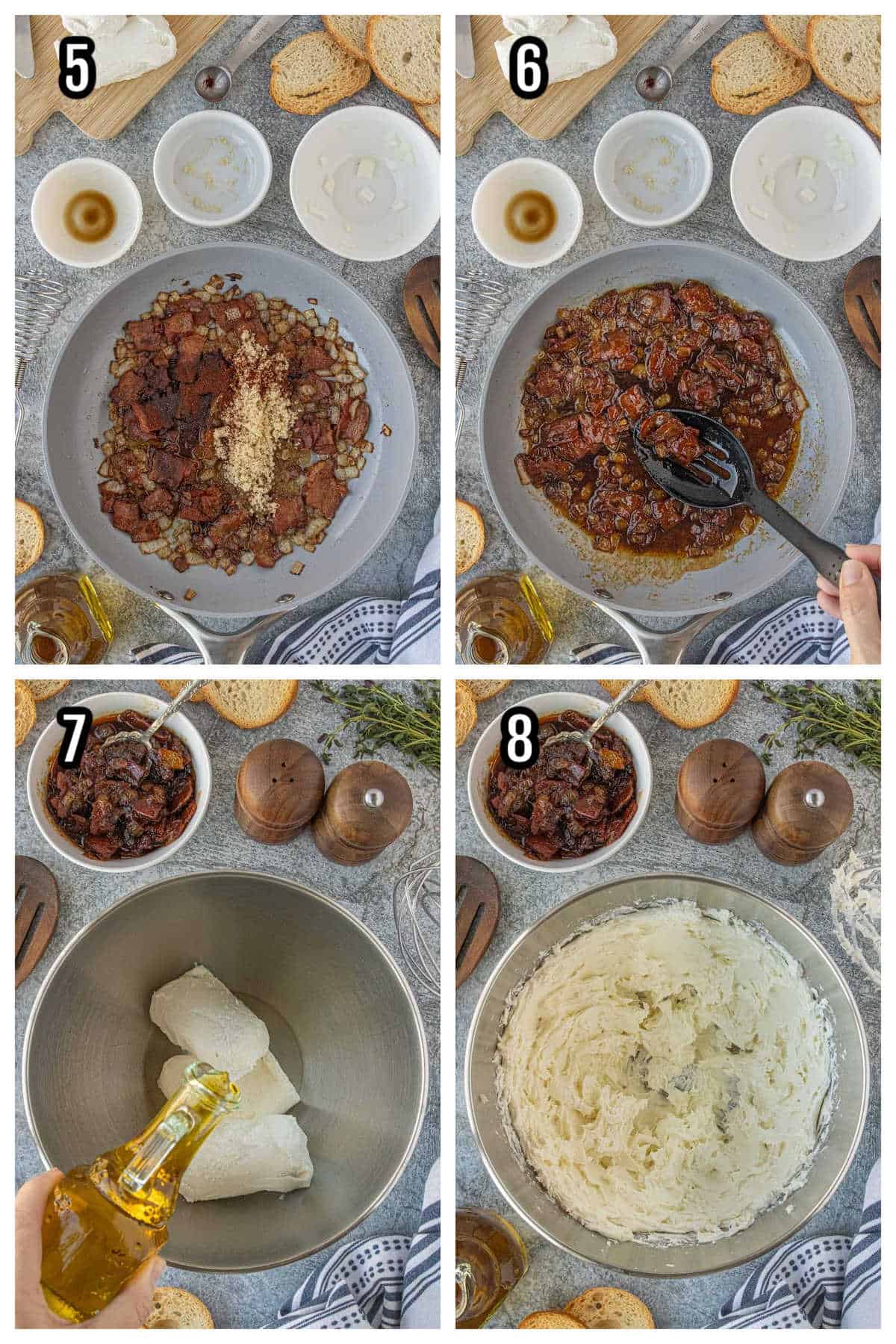 Steps five through eight for the whipped goat cheese appetizer with smoky bacon recipe.