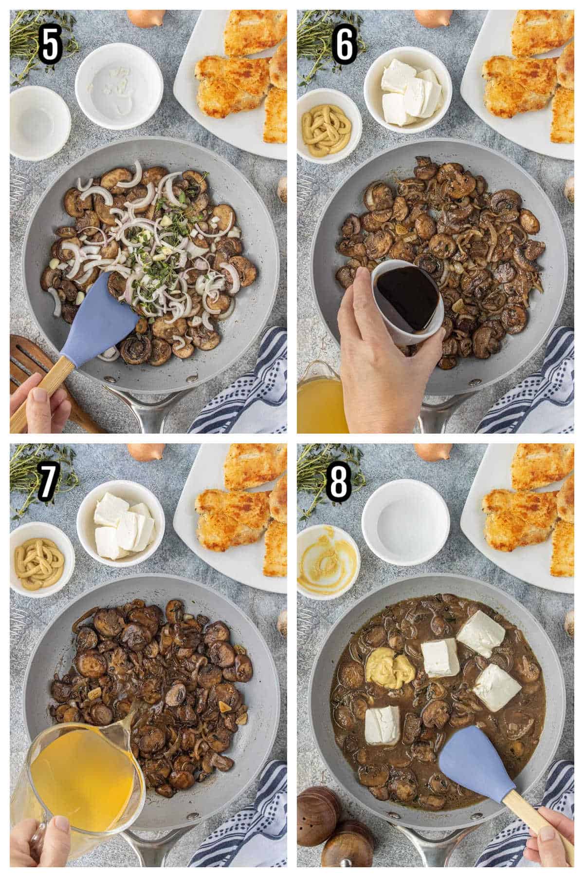 Steps five through eight for finishing the quick Balsamic glazed chicken and mushroom recipe with Dijon mustard.
