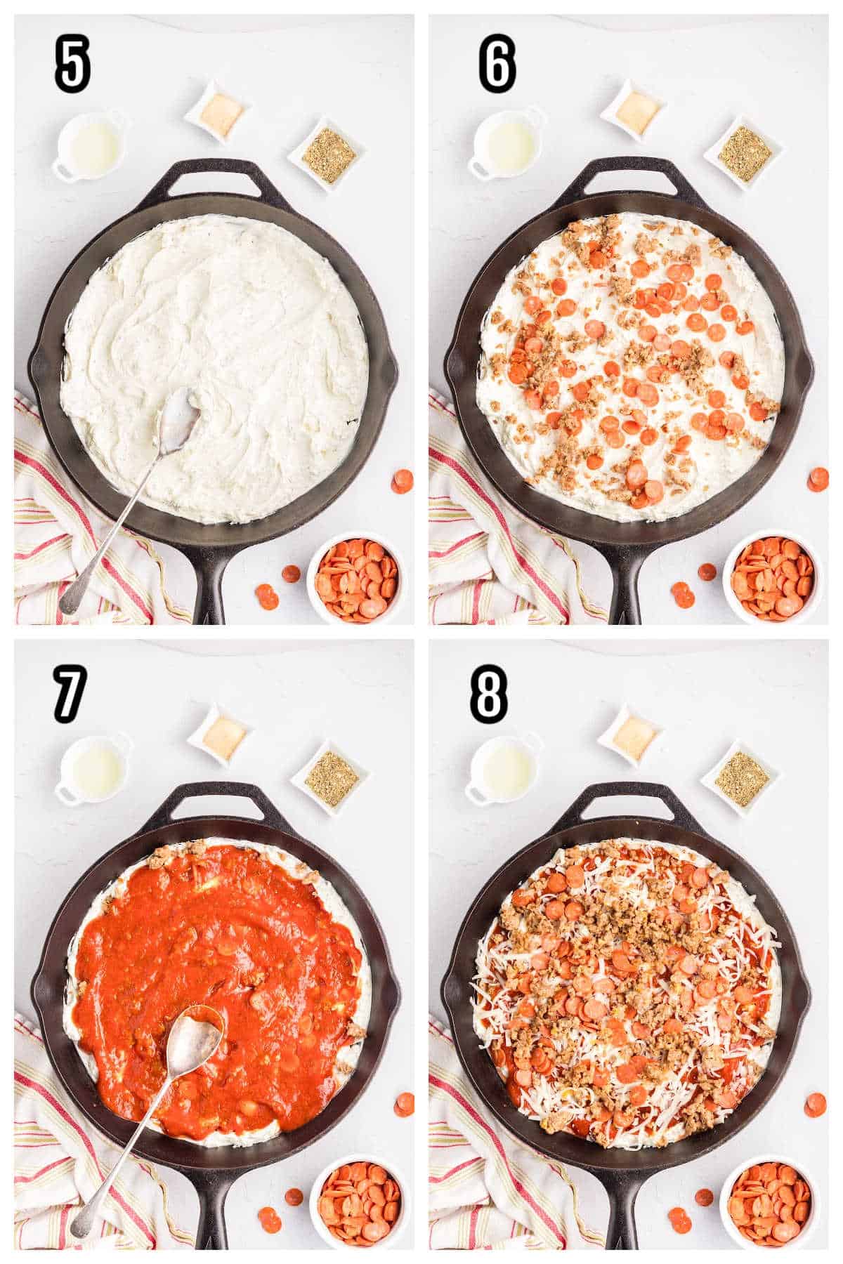 Second set of four steps for making the baked sausage-pepperoni appetizer.