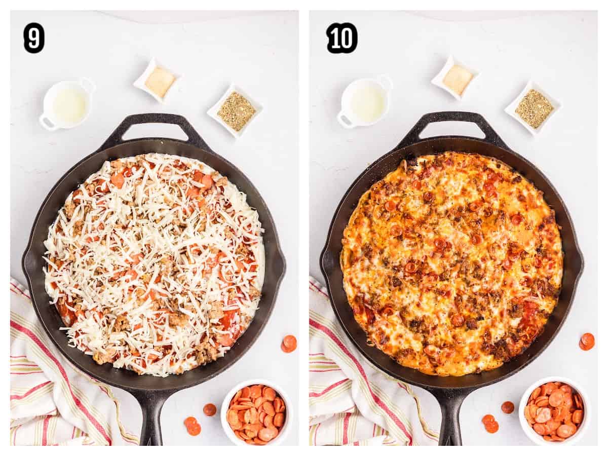 The final two steps for the baked pizza appetizer dip.