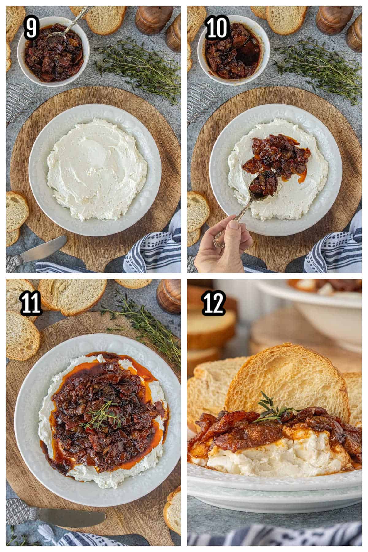 The final four steps for the whipped cheese appetizer with savory jam.