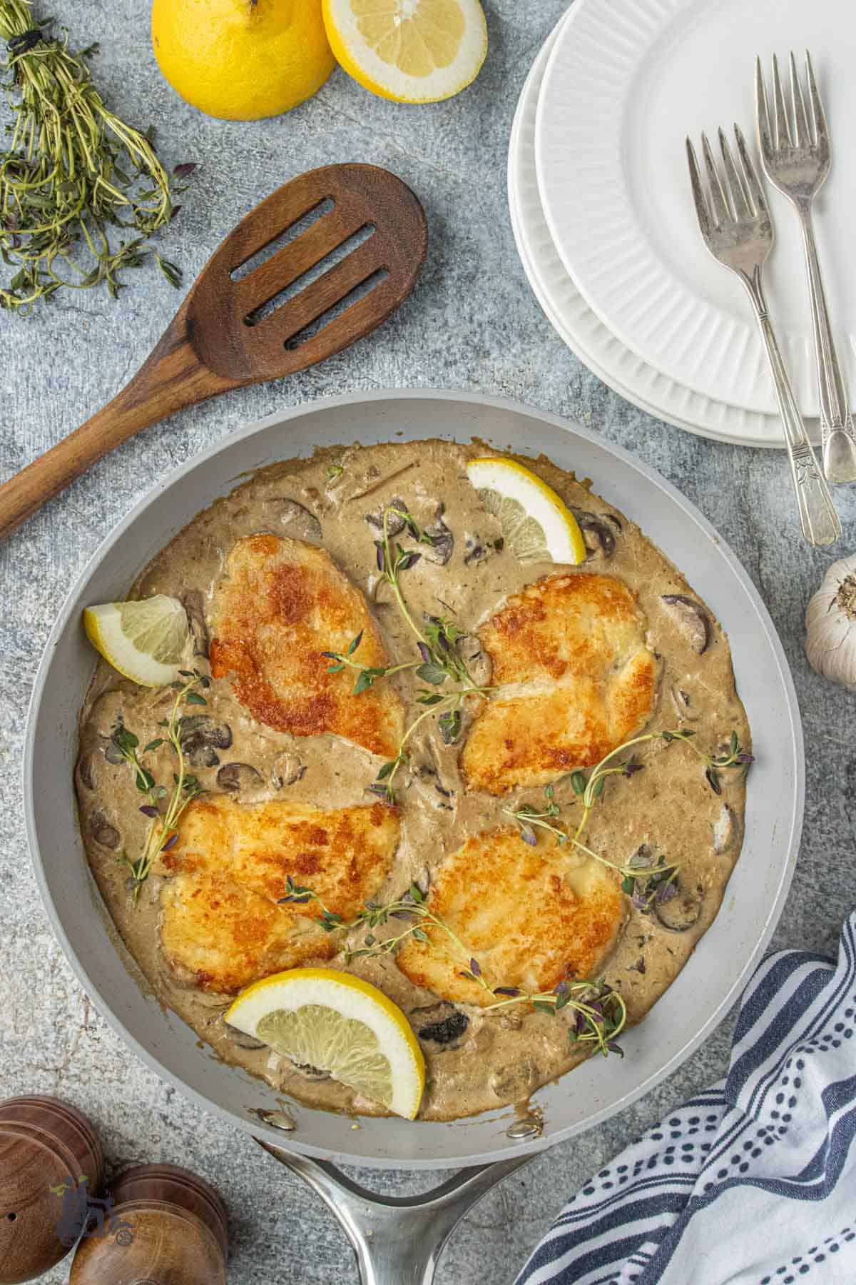 Chicken cutlets with creamy balsamic sauce and mushrooms. 