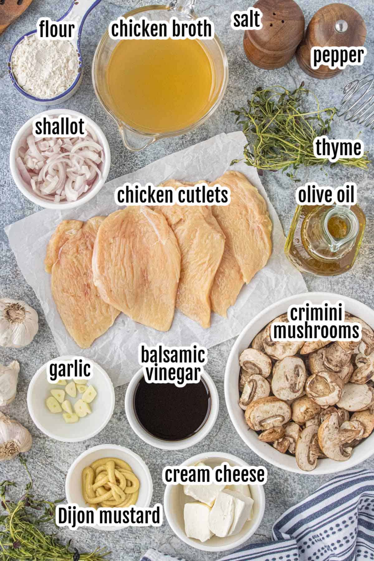 Image of the ingredients needed to make the easy one-pan creamy balsamic chicken and mushrooms dinner.
