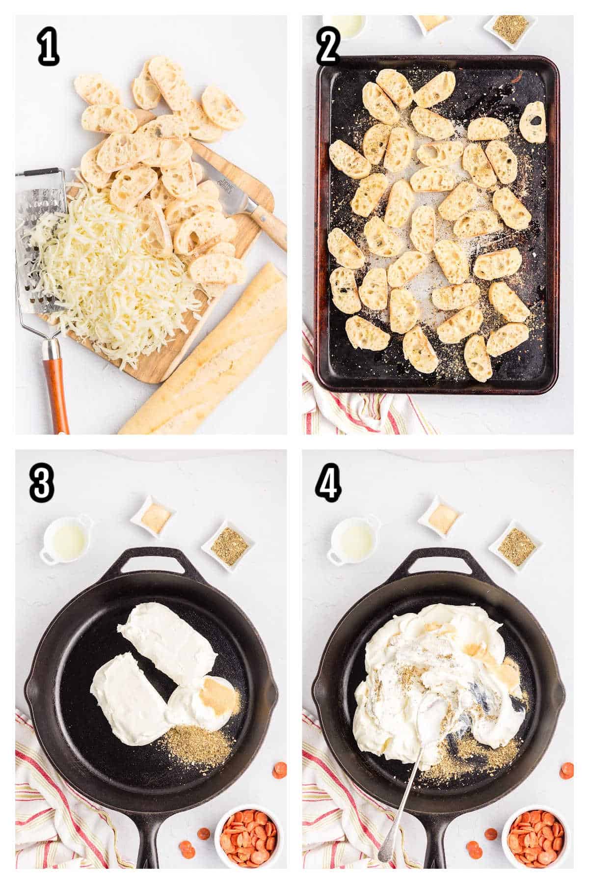 The first steps to making the pizza sausage dip is to make the crostini for use as dippers.