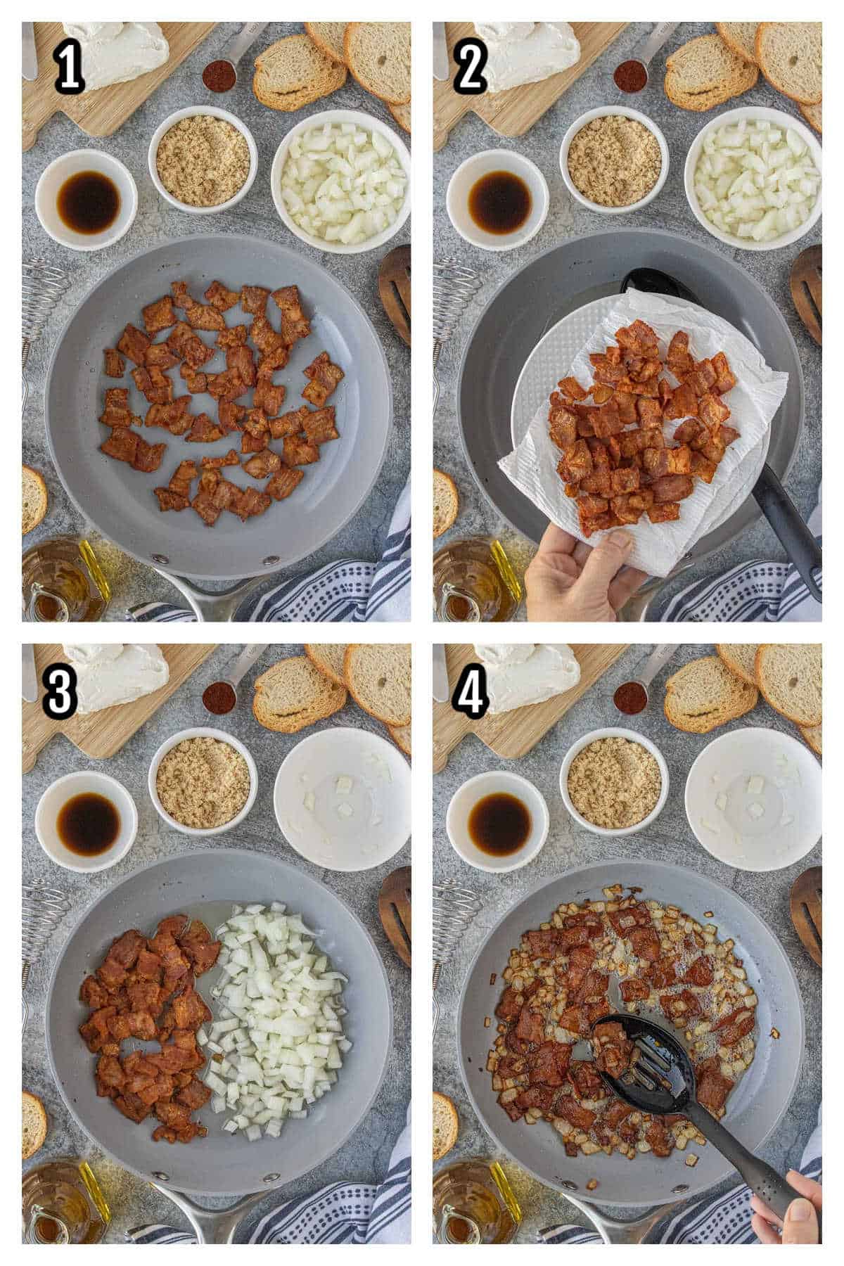 The first four steps to making the bacon jam for the goat cheese appetizer.