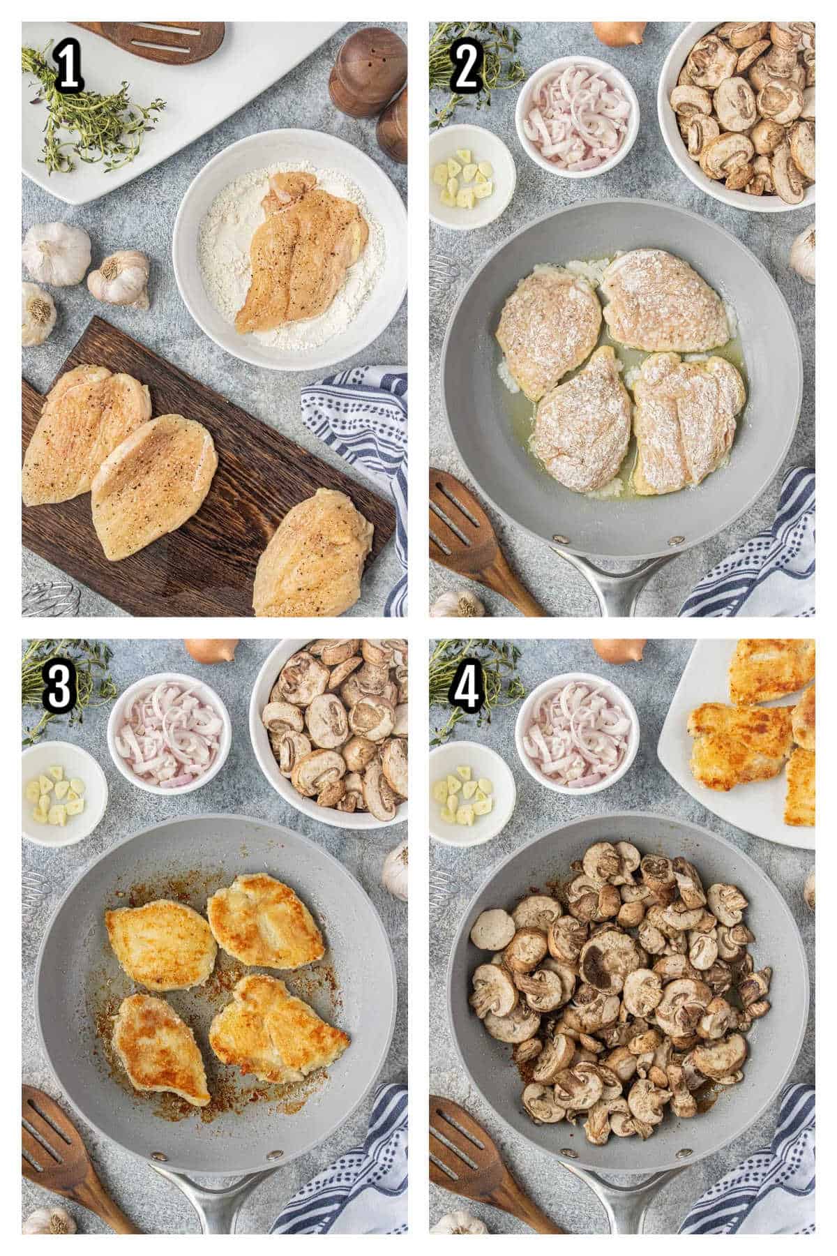 The first four steps to making the balsamic chicken cutlets with mushrooms.