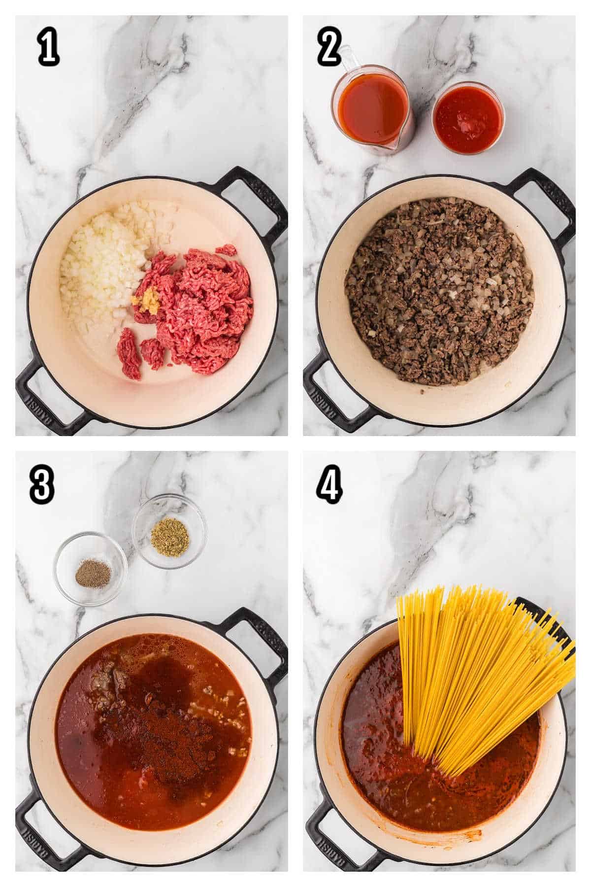 The first four steps to making the homemade spaghetti with ground beef recipe in one pot.