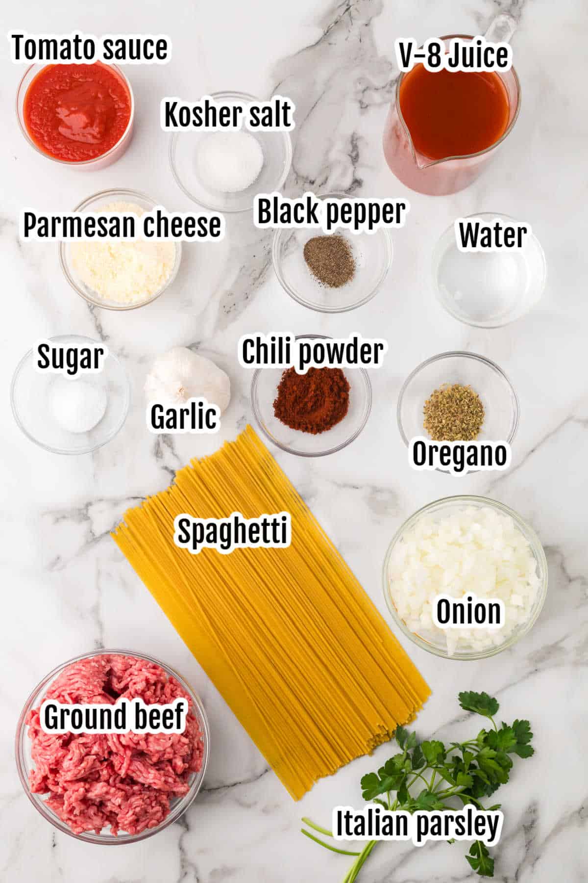 Image of the ingredients needed to make the simple spaghetti with beef recipe in one pot.